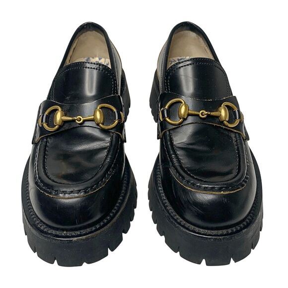Gucci Black Leather Lug Sole Horsebit Loafers EU 36 Gold Horsebit Bee Embroidery - Picture 2 of 13